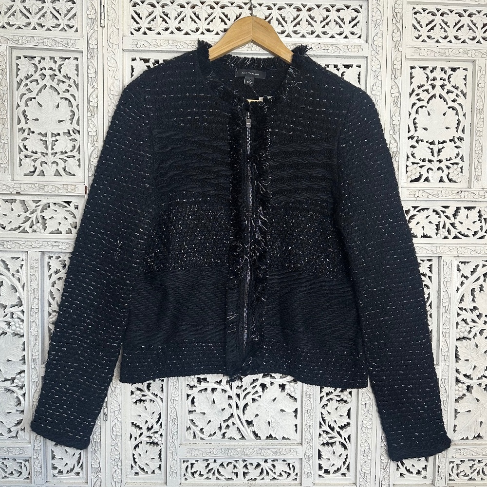 NWT Ann Taylor Black Shimmery Wool Blend Zip Up Sweater/Jacket/Blazer Sz Large‎